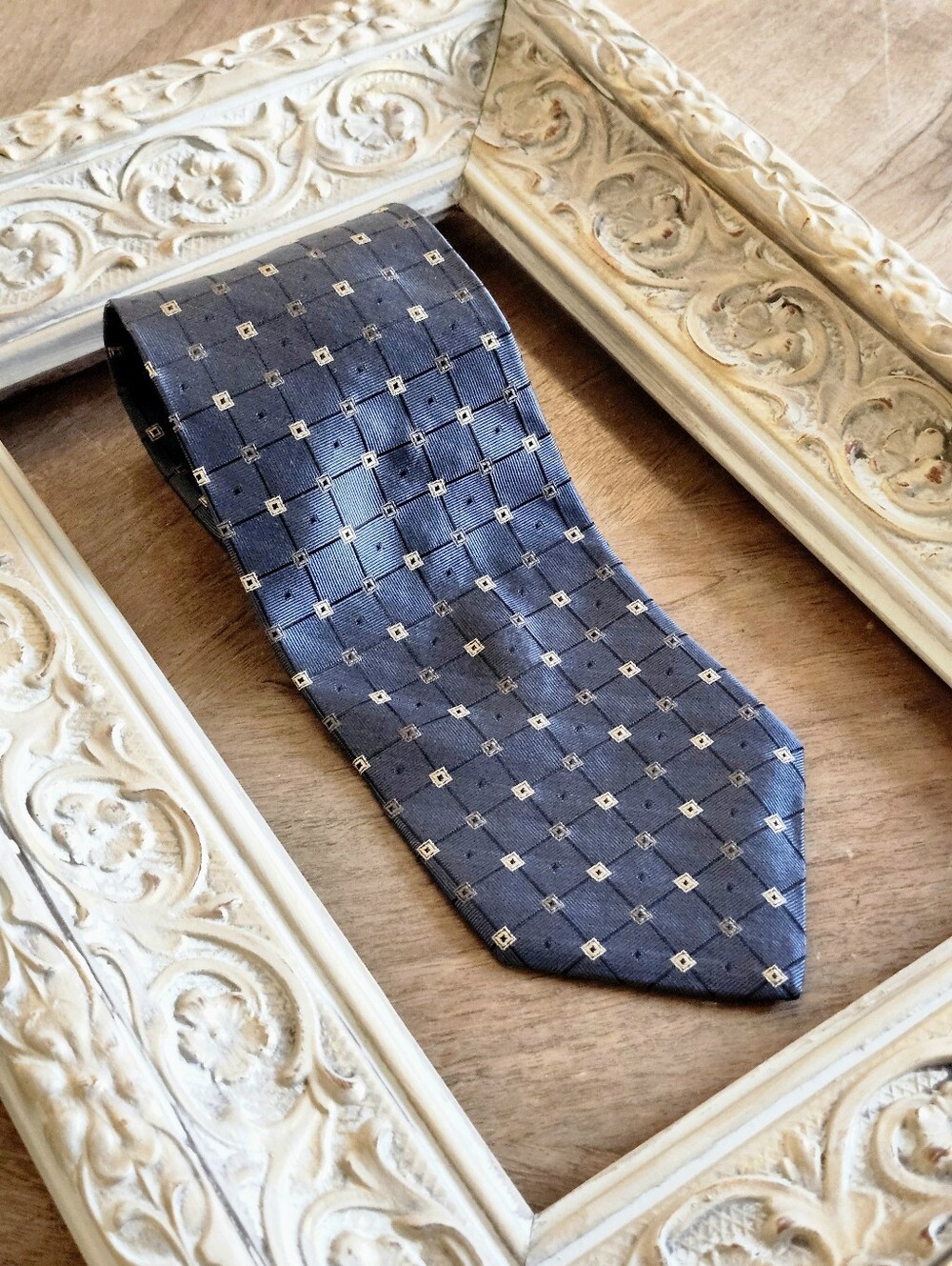 Vintage Christian Dior 80s  Navy Blue Tie with Silver Square Motif